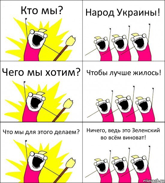 Кто мы? Народ Украины! Чего мы хотим? Чтобы лучше жилось! Что мы для этого делаем? Ничего, ведь это Зеленский во всём виноват!