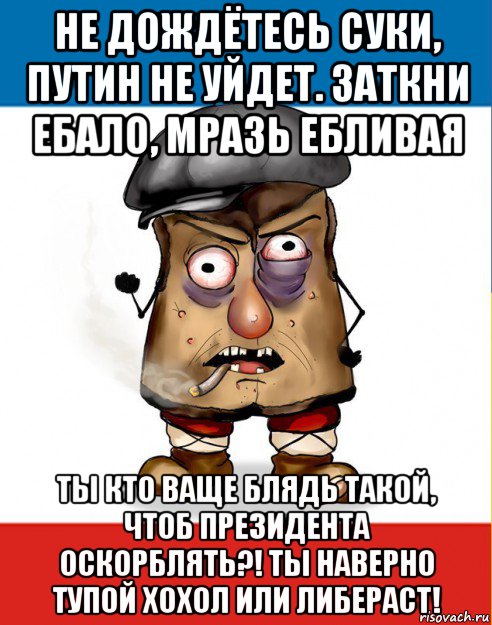 не дождётесь суки, путин не уйдет. заткни ебало, мразь ебливая ты кто ваще блядь такой, чтоб президента оскорблять?! ты наверно тупой хохол или либераст!