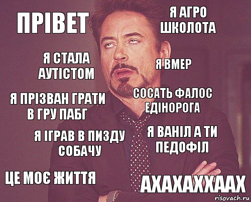 Прівет Я Агро школота Я прізван грати в гру пабг Це моє життя Я Ваніл а ти педофіл Сосать фалос едінорога Я іграв в пизду собачу Ахахаххаах Я стала аутістом Я вмер☝️☝️☝️, Комикс мое лицо