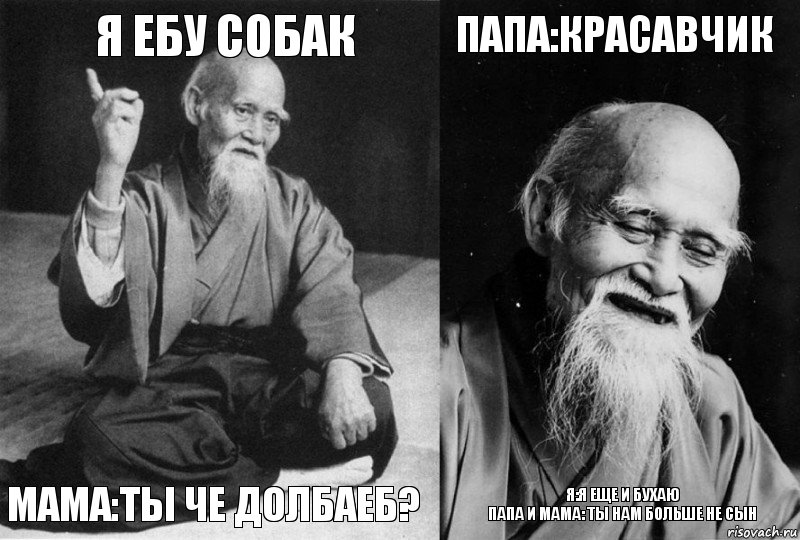 Я ЕБУ СОБАК МАМА:ТЫ ЧЕ ДОЛБАЕБ? ПАПА:КРАСАВЧИК Я:Я ЕЩЕ И БУХАЮ
ПАПА И МАМА: ТЫ НАМ БОЛЬШЕ НЕ СЫН, Комикс Мудрец-монах (4 зоны)