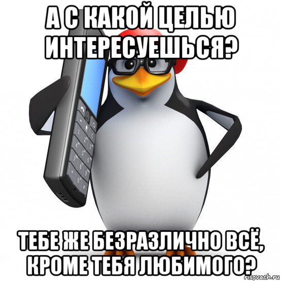 а с какой целью интересуешься? тебе же безразлично всё, кроме тебя любимого?, Мем   Пингвин звонит