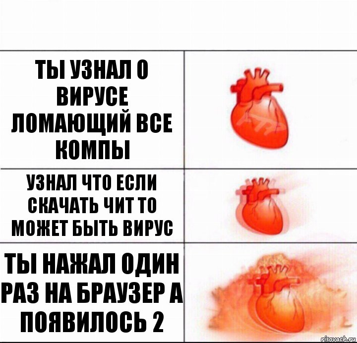 ты узнал о вирусе ломающий все компы узнал что если скачать чит то может быть вирус ты нажал один раз на браузер а появилось 2