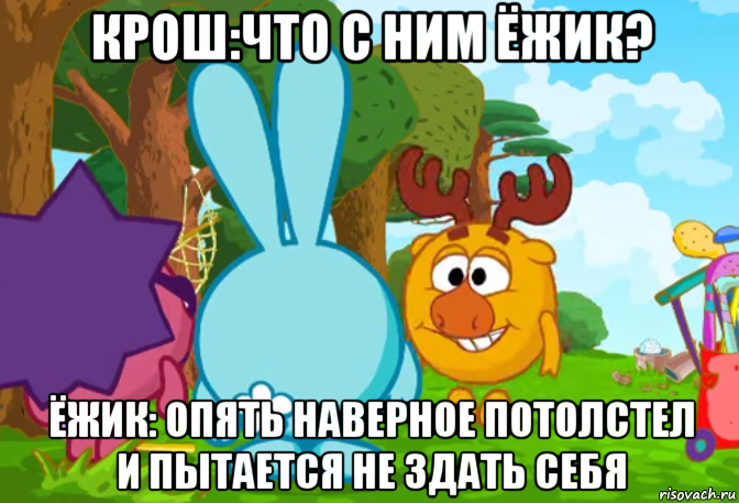 крош:что с ним ёжик? ёжик: опять наверное потолстел и пытается не здать себя, Мем Смешарики