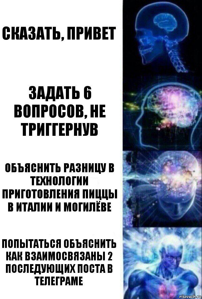 Сказать, привет Задать 6 вопросов, не триггернув Объяснить разницу в технологии приготовления пиццы в италии и могилёве попытаться объяснить как взаимосвязаны 2 последующих поста в телеграме, Комикс  Сверхразум