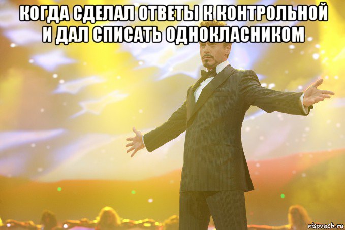 когда сделал ответы к контрольной и дал списать однокласником , Мем Тони Старк (Роберт Дауни младший)