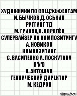 художники по спецэффектам
И. Бычков Д. Оськин
риггинг ТД
М. Гринац П. Королёв
супервайзер по композитингу
А. Новиков
композитинг
С. Василенко А. Лоскутова
R'n'D
А. Антошук
технический директор
М. Кедров