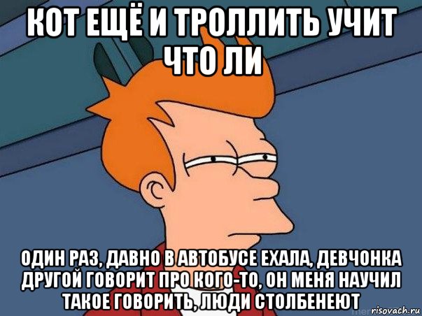 кот ещё и троллить учит что ли один раз, давно в автобусе ехала, девчонка другой говорит про кого-то, он меня научил такое говорить, люди столбенеют, Мем  Фрай (мне кажется или)