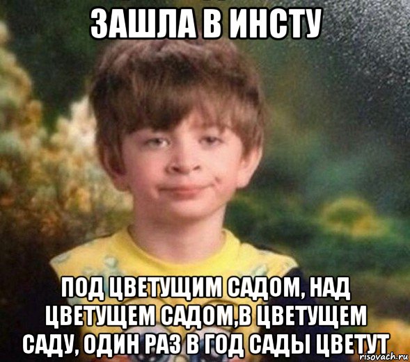 зашла в инсту под цветущим садом, над цветущем садом,в цветущем саду, один раз в год сады цветут, Мем Недовольный пацан