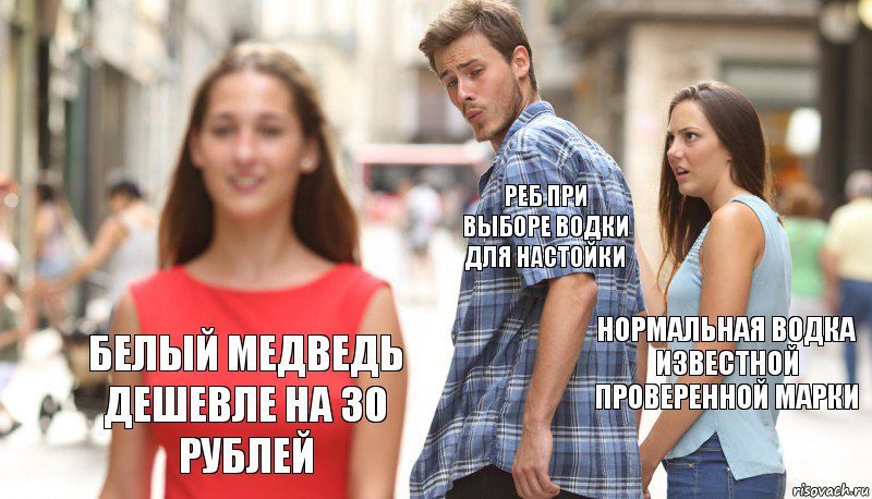 Реб при выборе водки для настойки Нормальная водка известной проверенной марки Белый медведь дешевле на 30 рублей, Комикс      Парень засмотрелся на другую девушку
