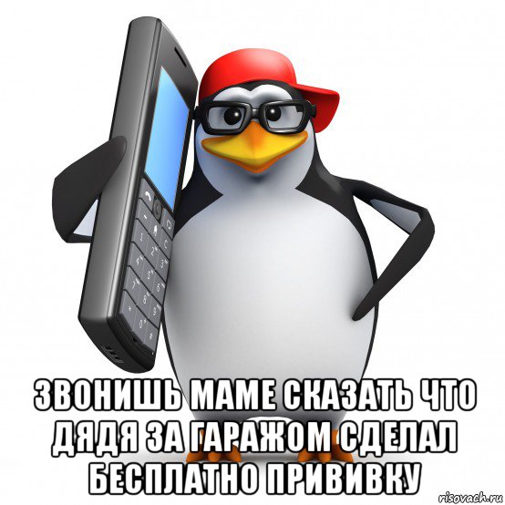  звонишь маме сказать что дядя за гаражом сделал бесплатно прививку, Мем   Пингвин звонит