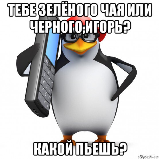 тебе зелёного чая или черного,игорь? какой пьешь?, Мем   Пингвин звонит