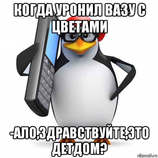 когда уронил вазу с цветами -ало,здравствуйте,это детдом?, Мем   Пингвин звонит