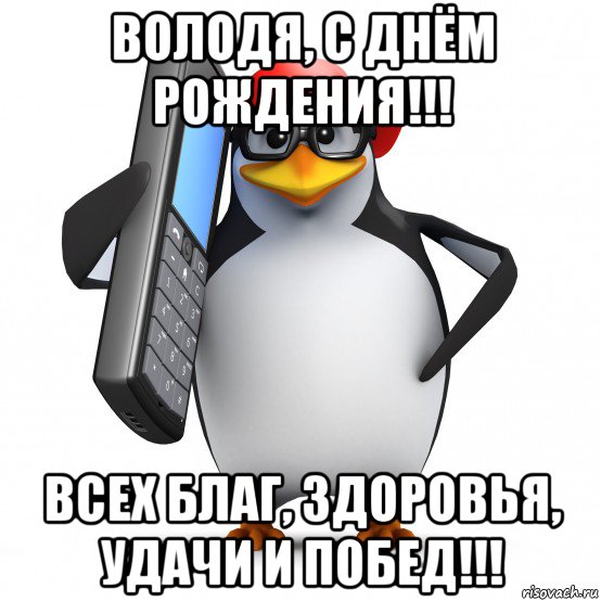 володя, с днём рождения!!! всех благ, здоровья, удачи и побед!!!, Мем   Пингвин звонит