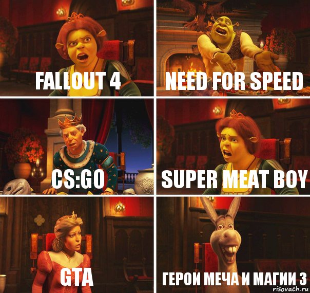 Fallout 4 Need for speed CS:GO Super meat boy GTA Герои меча и магии 3, Комикс  Шрек Фиона Гарольд Осел