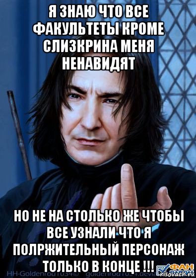 я знаю что все факультеты кроме слизкрина меня ненавидят но не на столько же чтобы все узнали что я полржительный персонаж только в конце !!!