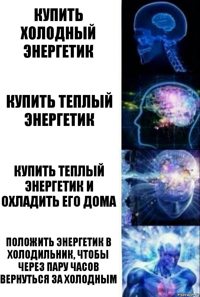 Купить холодный энергетик Купить теплый энергетик купить теплый энергетик и охладить его дома Положить энергетик в холодильник, чтобы через пару часов вернуться за холодным, Комикс  Сверхразум