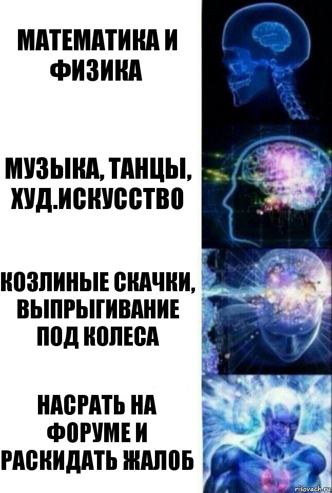 математика и физика музыка, танцы, худ.искусство козлиные скачки, выпрыгивание под колеса насрать на форуме и раскидать жалоб, Комикс  Сверхразум