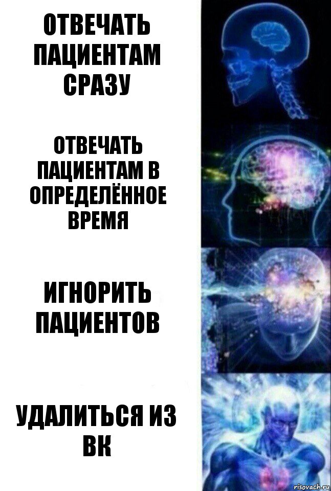 Отвечать пациентам сразу Отвечать пациентам в определённое время Игнорить пациентов Удалиться из вк, Комикс  Сверхразум