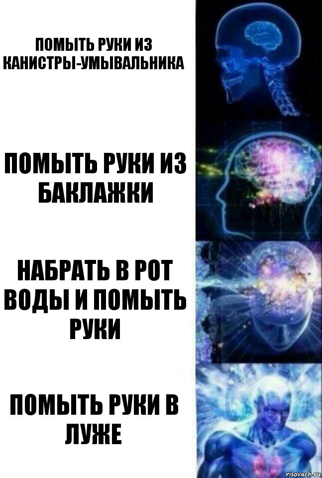 Помыть руки из канистры-умывальника Помыть руки из баклажки Набрать в рот воды и помыть руки Помыть руки в луже, Комикс  Сверхразум