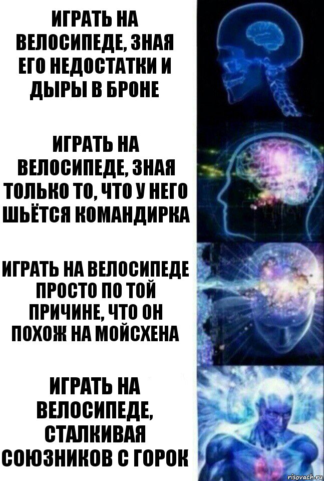 играть на велосипеде, зная его недостатки и дыры в броне Играть на велосипеде, зная только то, что у него шьётся командирка Играть на велосипеде просто по той причине, что он похож на мойсхена Играть на велосипеде, сталкивая союзников с горок, Комикс  Сверхразум