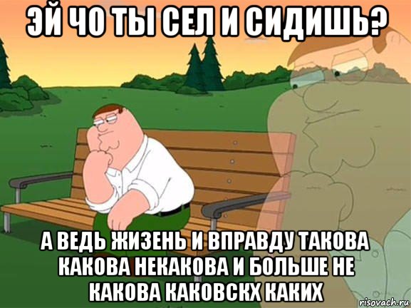 эй чо ты сел и сидишь? а ведь жизень и вправду такова какова некакова и больше не какова каковскх каких, Мем Задумчивый Гриффин