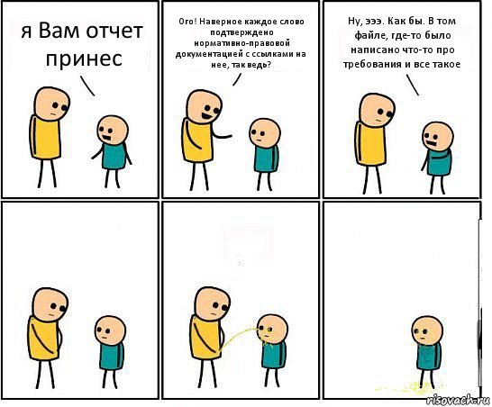 я Вам отчет принес Ого! Наверное каждое слово подтверждено нормативно-правовой документацией с ссылками на нее, так ведь? Ну, эээ. Как бы. В том файле, где-то было написано что-то про требования и все такое