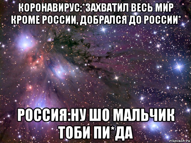 коронавирус:*захватил весь мир кроме россии, добрался до россии* россия:ну шо мальчик тоби пи*да