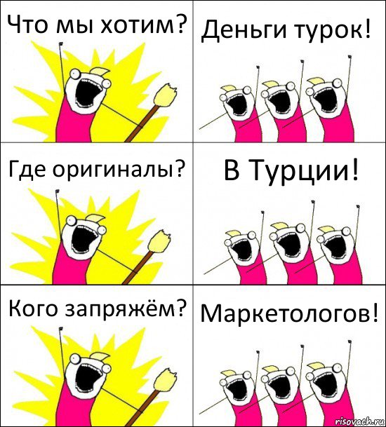 Что мы хотим? Деньги турок! Где оригиналы? В Турции! Кого запряжём? Маркетологов!