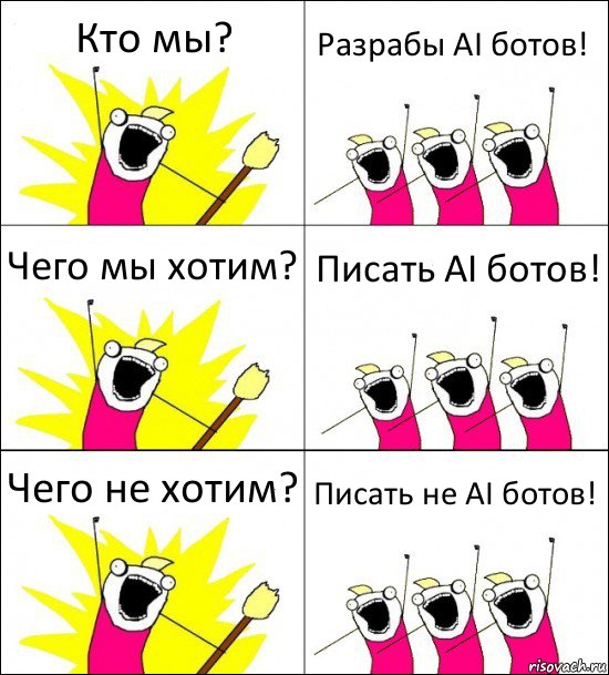 Кто мы? Разрабы AI ботов! Чего мы хотим? Писать AI ботов! Чего не хотим? Писать не AI ботов!