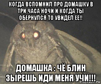 когда вспомнил про домашку в три часа ночи и когда ты обернулся то увидел её!! домашка : чё блин зырешь иди меня учи!!!, Мем Матылёк