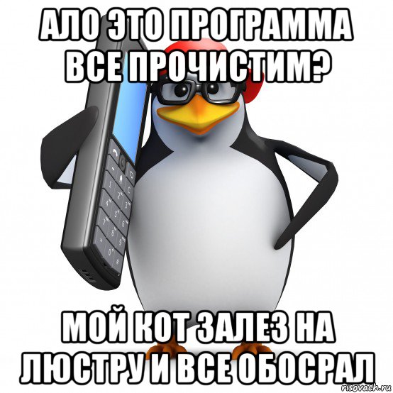 ало это программа все прочистим? мой кот залез на люстру и все обосрал, Мем   Пингвин звонит