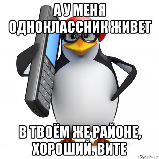 а у меня одноклассник живет в твоём же районе, хороший. вите, Мем   Пингвин звонит