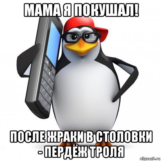 мама я покушал! после жраки в столовки - пердёж троля, Мем   Пингвин звонит