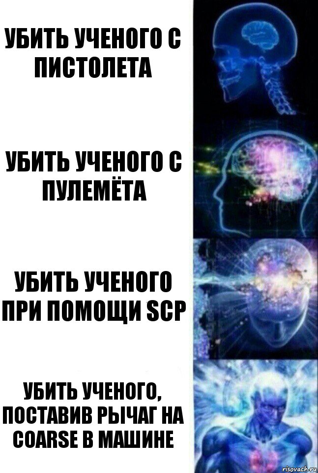 УБИТЬ УЧЕНОГО С ПИСТОЛЕТА УБИТЬ УЧЕНОГО С ПУЛЕМЁТА УБИТЬ УЧЕНОГО ПРИ ПОМОЩИ SCP УБИТЬ УЧЕНОГО, ПОСТАВИВ РЫЧАГ НА COARSE В МАШИНЕ, Комикс  Сверхразум