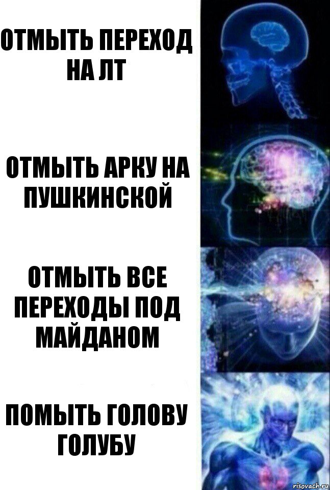 Отмыть переход на ЛТ Отмыть арку на Пушкинской Отмыть все переходы под Майданом Помыть голову Голубу, Комикс  Сверхразум