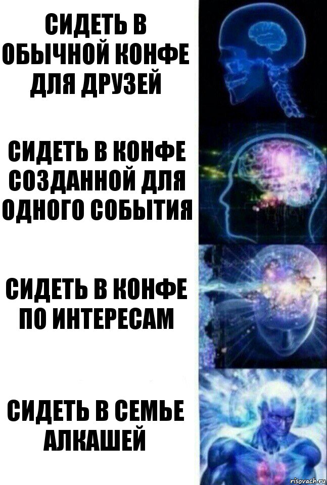 Сидеть в обычной конфе для друзей Сидеть в конфе созданной для одного события Сидеть в конфе по интересам Сидеть в семье алкашей, Комикс  Сверхразум