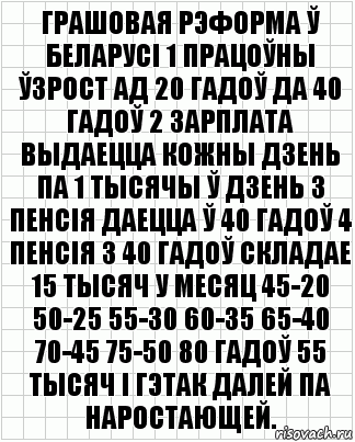 грашовая рэформа ў Беларусі 1 працоўны ўзрост ад 20 гадоў да 40 гадоў 2 зарплата выдаецца кожны дзень па 1 тысячы ў дзень 3 пенсія даецца ў 40 гадоў 4 пенсія з 40 гадоў складае 15 тысяч у месяц 45-20 50-25 55-30 60-35 65-40 70-45 75-50 80 гадоў 55 тысяч і гэтак далей па наростающей., Комикс  бумага