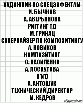 художник по спецээфектам
И. Бычков
А. Аверьянова
риггинг ТД
М. Гринац
супервайзер по композитингу
А. Новиков
композитинг
С. Василенко
А. Лоскутова
R'n'D
А. Антошук
технический директор
М. Кедров