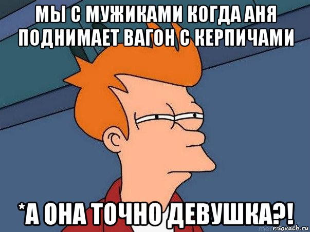 мы с мужиками когда аня поднимает вагон с керпичами *а она точно девушка?!, Мем  Фрай (мне кажется или)