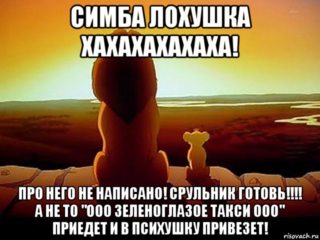 симба лохушка хахахахахаха! про него не написано! срульник готовь!!!! а не то "ооо зеленоглазое такси ооо" приедет и в психушку привезет!, Мем  король лев