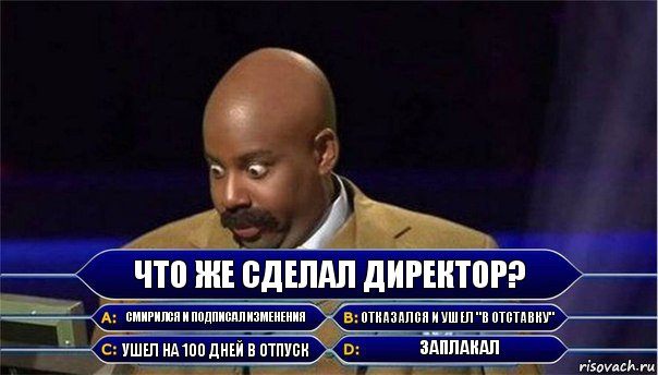 Что же сделал директор? Смирился и подписал изменения Отказался и ушел "в отставку" Ушел на 100 дней в отпуск Заплакал, Комикс      Кто хочет стать миллионером