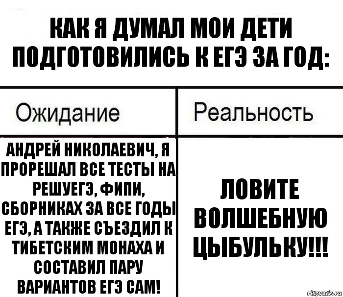 Как я думал мои дети подготовились к ЕГЭ за год: Андрей Николаевич, я прорешал все тесты на РЕШУЕГЭ, ФИПИ, СБОРНИКАХ за все годы ЕГЭ, а также съездил к тибетским монаха и составил пару вариантов ЕГЭ сам! Ловите волшебную цыбульку!!!, Комикс  Ожидание - реальность