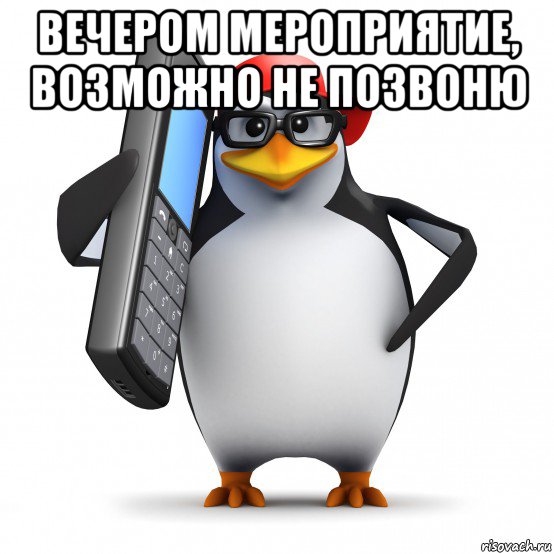 вечером мероприятие, возможно не позвоню , Мем   Пингвин звонит