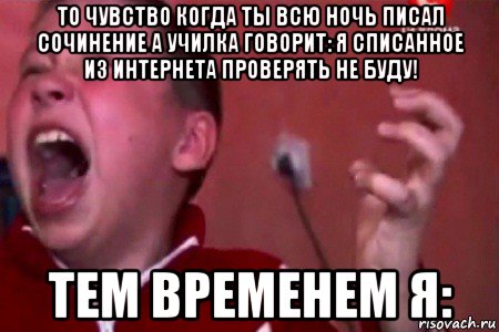 то чувство когда ты всю ночь писал сочинение а училка говорит: я списанное из интернета проверять не буду! тем временем я:, Мем  Сашко Фокин орет