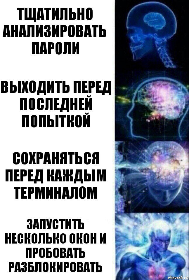 Тщатильно анализировать пароли Выходить перед последней попыткой Сохраняться перед каждым терминалом Запустить несколько окон и пробовать разблокировать, Комикс  Сверхразум