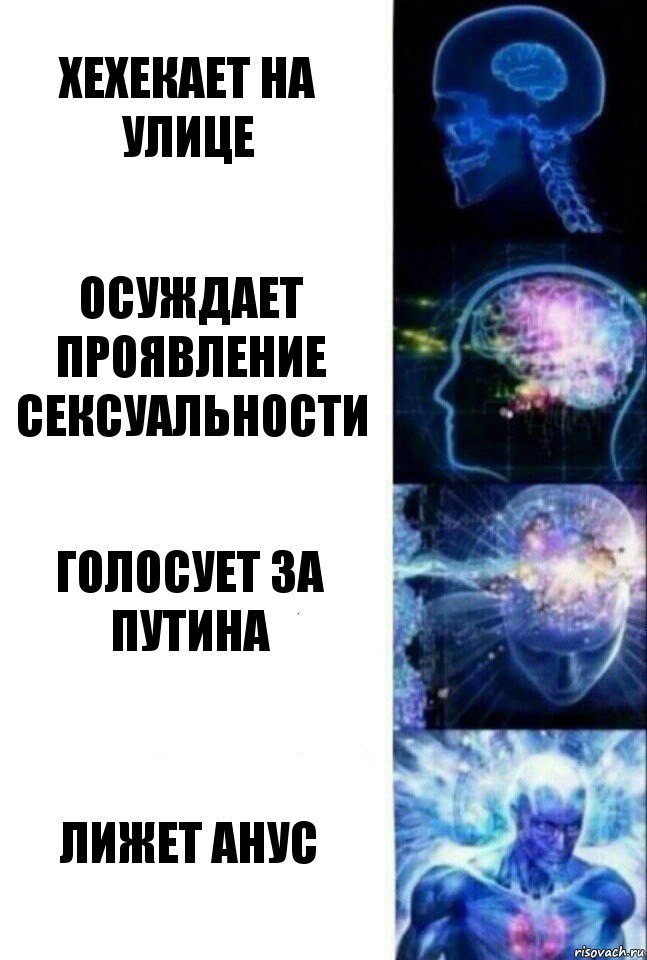 Хехекает на улице Осуждает проявление сексуальности Голосует за Путина Лижет анус, Комикс  Сверхразум