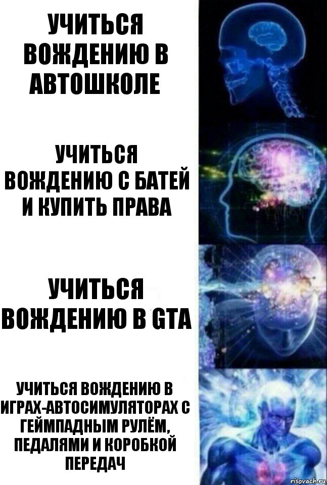 учиться вождению в автошколе учиться вождению с батей и купить права учиться вождению в gta учиться вождению в играх-автосимуляторах с геймпадным рулём, педалями и коробкой передач, Комикс  Сверхразум