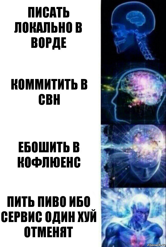 Писать локально в Ворде Коммитить в СВН Ебошить в кофлюенс Пить пиво ибо сервис один хуй отменят, Комикс  Сверхразум