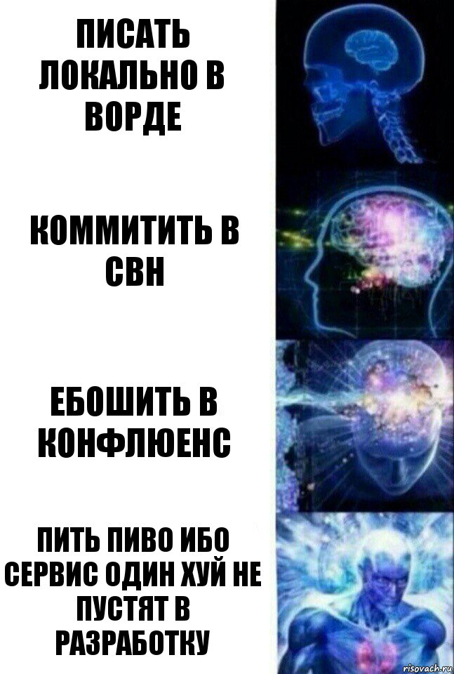 Писать локально в Ворде Коммитить в СВН Ебошить в конфлюенс Пить пиво ибо сервис один хуй не пустят в разработку, Комикс  Сверхразум