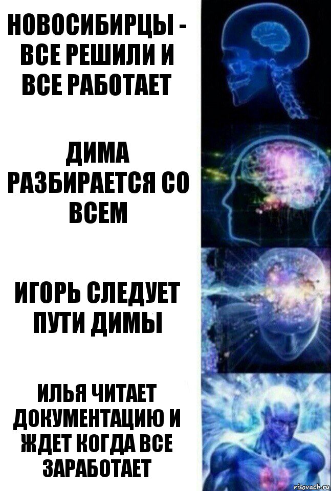 Новосибирцы - все решили и все работает Дима разбирается со всем Игорь следует пути Димы Илья читает документацию и ждет когда все заработает, Комикс  Сверхразум